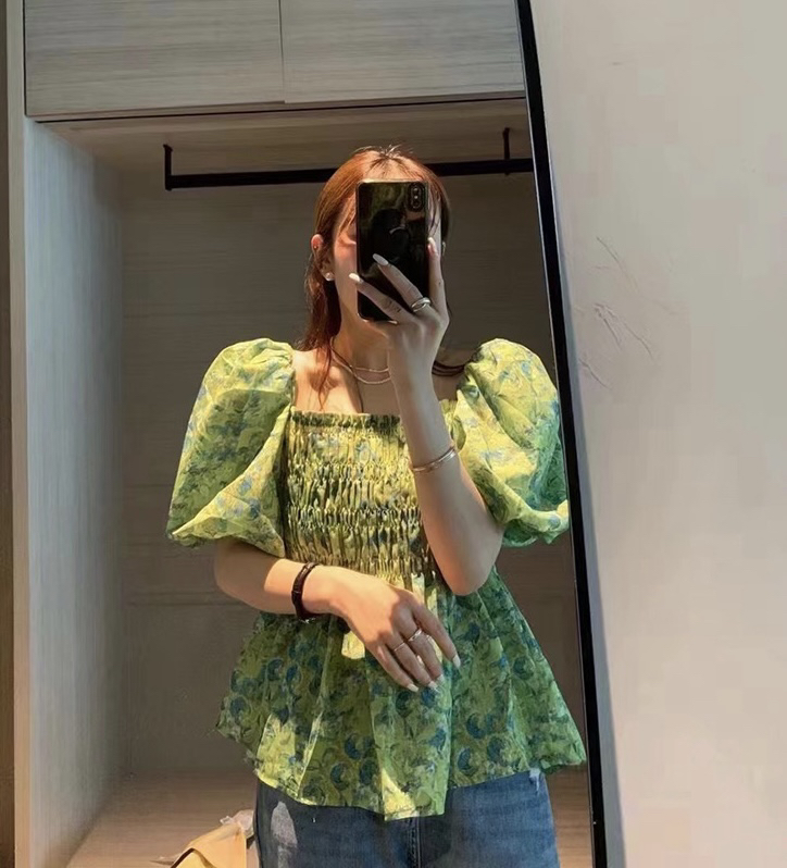[JH] Lantern Sleeve motorcycle Square Neck Shirt 41870\pcz