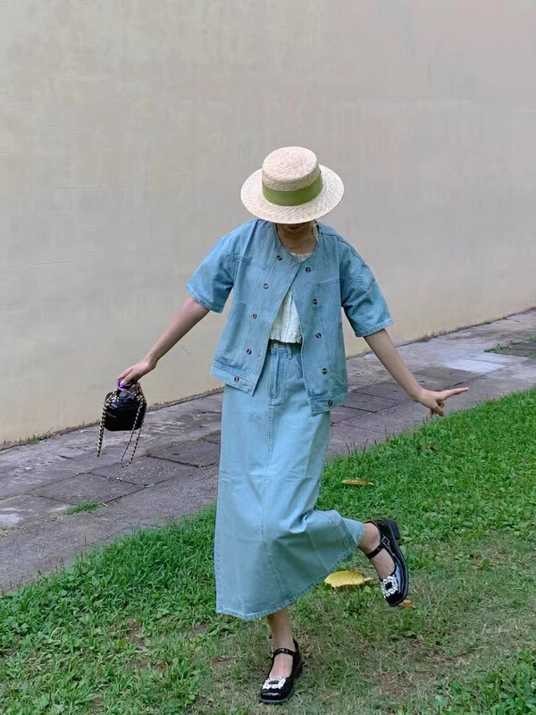 [Dandan] Korean versatile short sleeve denim jacket + medium length skirt suit 8811\lsw