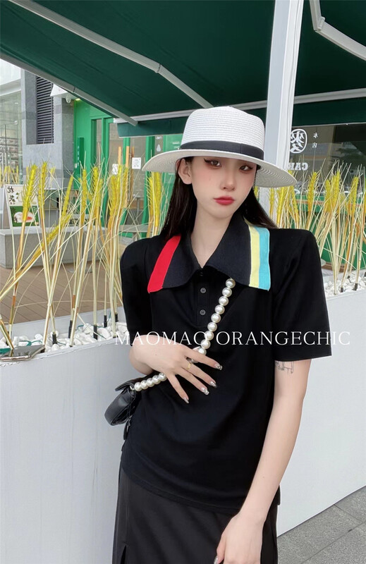 [Maomao] color blocking fashion polo collar short sleeve T-shirt 708-1\wtt