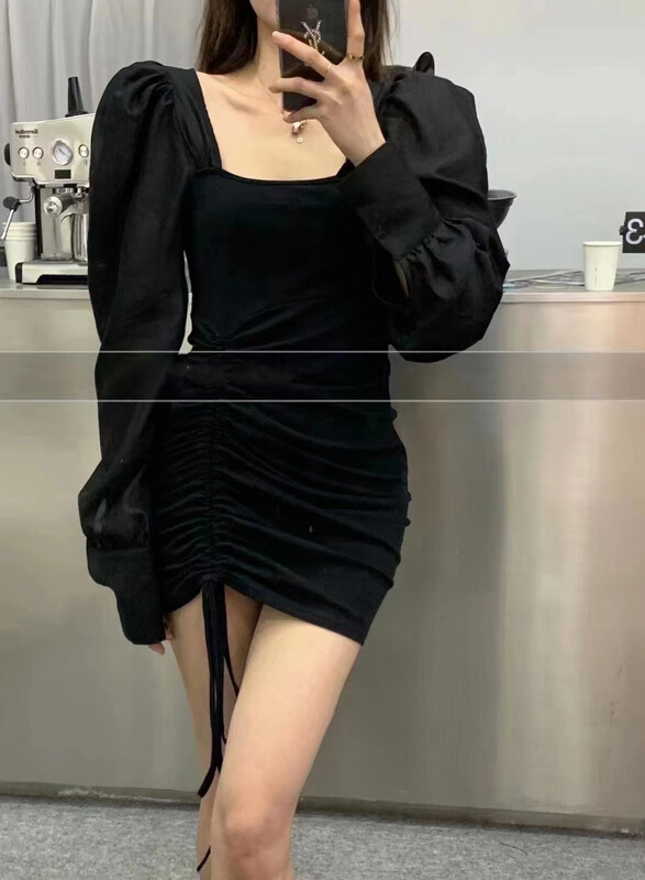 [top] square neck bubble sleeve drawstring dress 9095\zjy