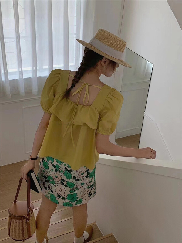 [OA] square neck bubble sleeve solid simple shirt 1295\xyy