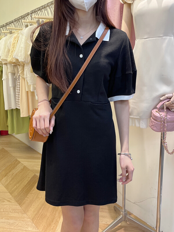 In early summer! [as] classic contrast mosaic polo collar dress s6549\hjy