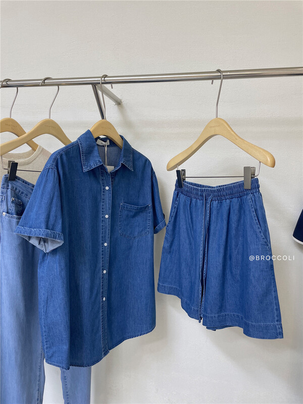 【 broccoli 】 elastic waist drawstring Wide Leg Denim Shorts 8092-1\zjy