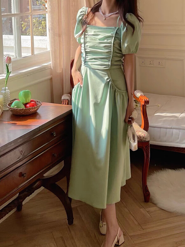 [jun.t] French off shoulder strap temperament waist dress 6160\pcz