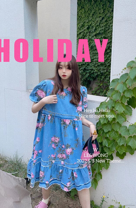 [le&wong] retro flower bubble sleeve French dress denim dress 8926