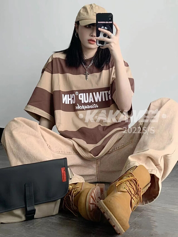 [kakamee] color blocked striped cotton loose Casual Short Sleeve T-Shirt summer American retro trend s551