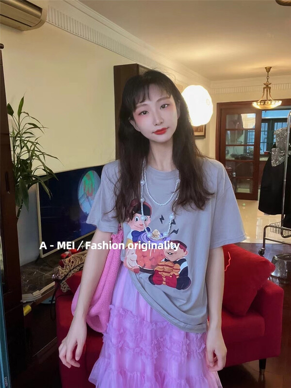 [A Mei A Mei] casual cartoon printed short sleeve T-shirt ys1-22146\pcz