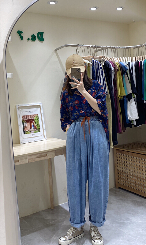 [da.7] Korean contrast lace up loose jeans 8919\lsl