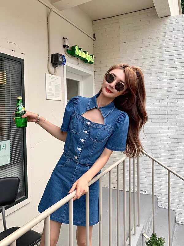 [Dandan] hollow out denim Top + slim and versatile skirt set 8809\lsw