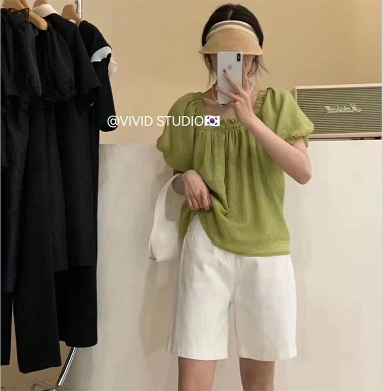 [vivid] solid color square neck pleated shirt 1737\zjy