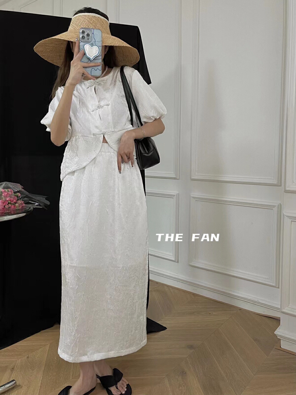 [the fan] Chinese button up blouse + temperament versatile skirt suit 61063\pcz