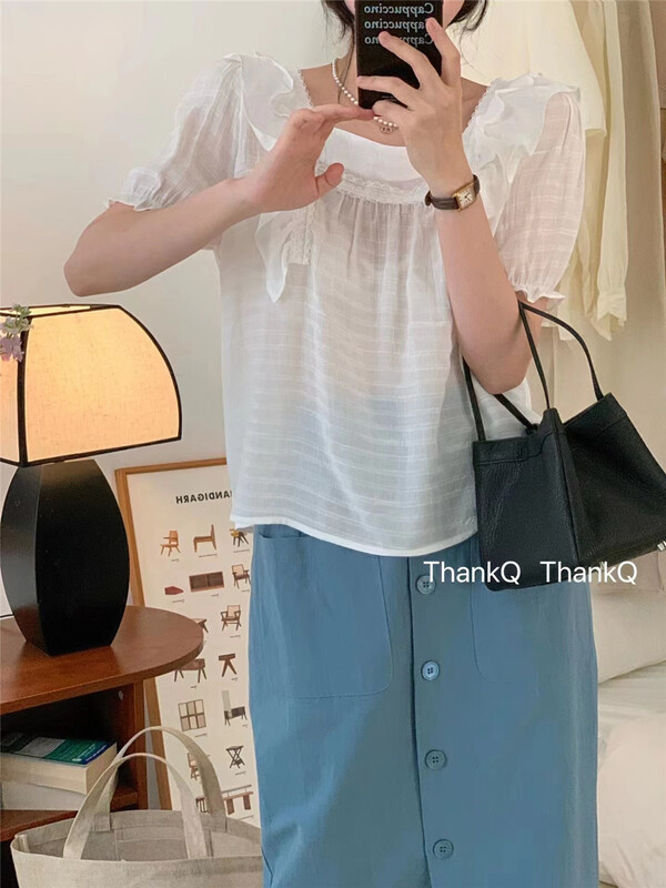 [thankq] gentle wind sweet Square Neck Shirt 68888\zjy