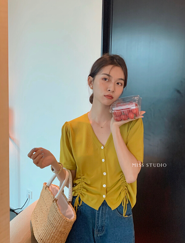 [miss miss home] Korean v-net two side drawstring temperament sweater 0753