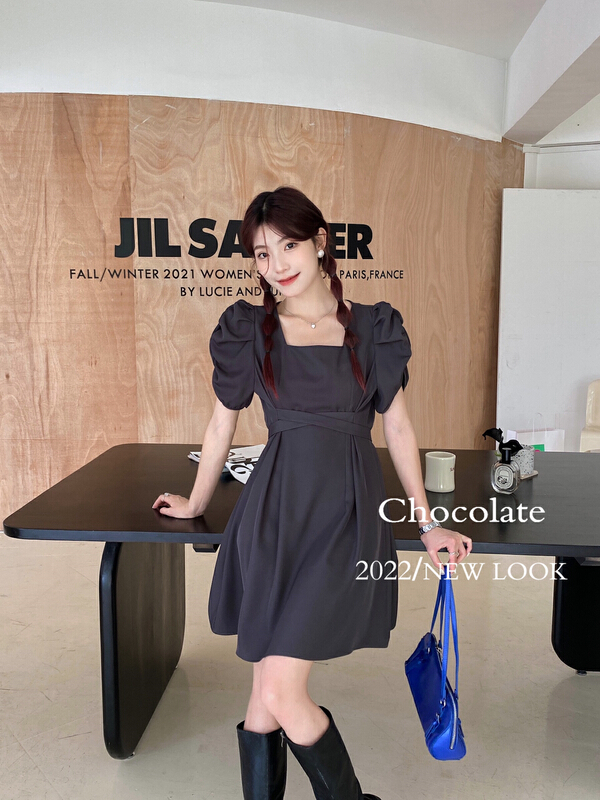 [chocolate] Korean round neck bubble sleeve dress (with belt) 28111\ll