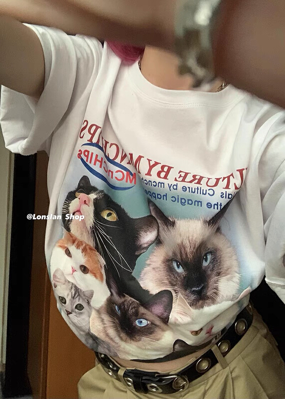 [miss Xixi] cat print lovers summer round neck Street ins short sleeve T-shirt 1568\l