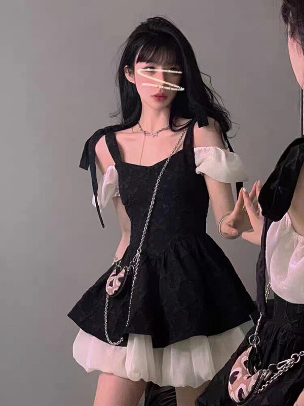[hee] square neck off shoulder jacquard patchwork dress 5383\l