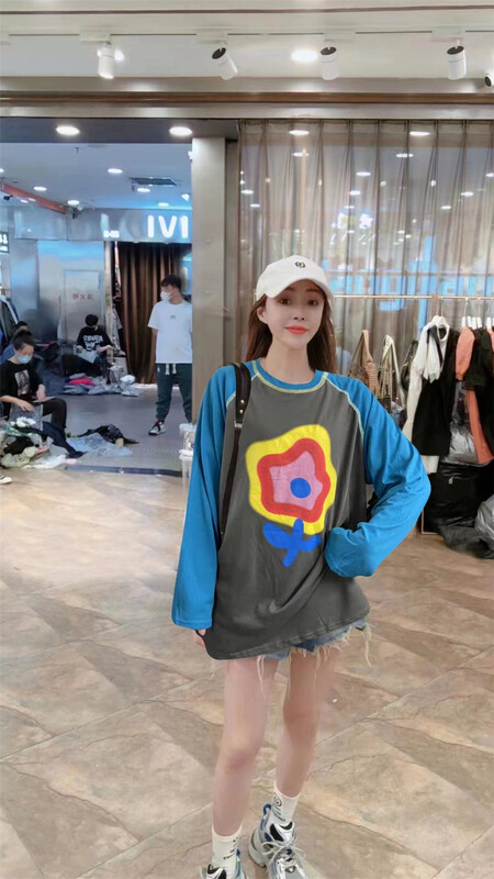 [Jin Han] round neck color blocking Flower Print Long Sleeve T-shirt ys1-9165\ozq