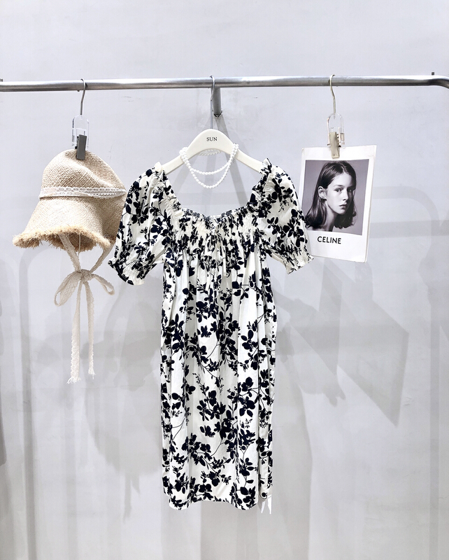 [sun] slim square neck Printed Dress 6203\hyy