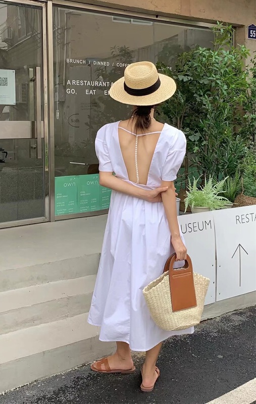 [aenna] fresh and simple square neck bubble sleeve dress 8238\jj