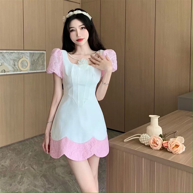 [red dress] pure desire square collar thin bubble sleeve dress 3072\jj