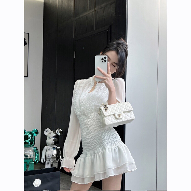 [x · h studio] chiffon dress with a slim waist and long sleeve design 88018\ozq