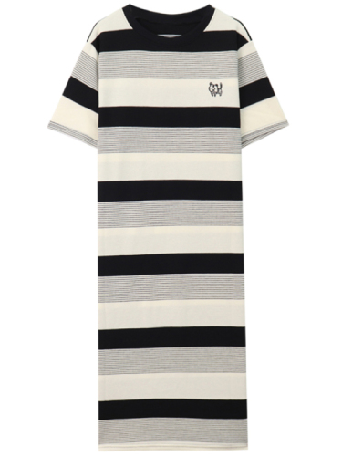 Embroidered stripe dress women's summer  new retro design sense split middle long loose short sleeve skirt