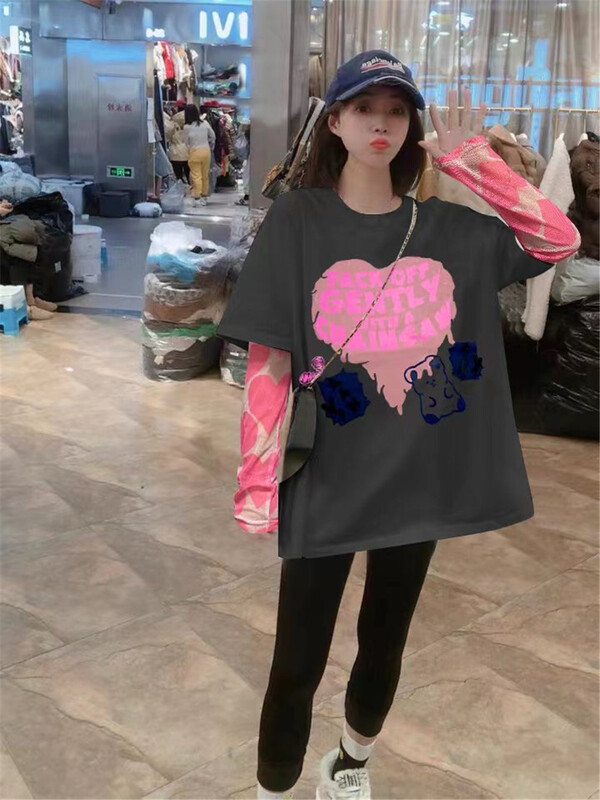 [Jin Han] love fake two piece Pullover long sleeve T-shirt 9137\ozq