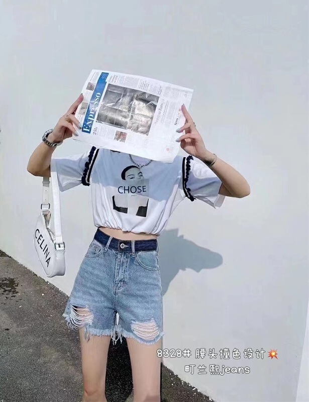 [Machi Lanxi] Korean version simple color blocked denim shorts 8328\jj