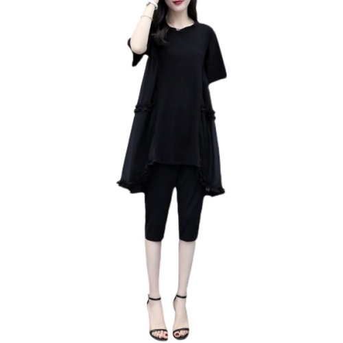 Large women's dress  summer dress new foreign style chiffon suit fat sister covers her belly, reduces her age, fashionable and slim two-piece suit