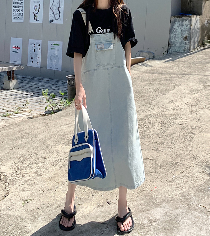 Real auction real price 2022 summer new solid color denim strap skirt women's Japanese loose slim ins dress