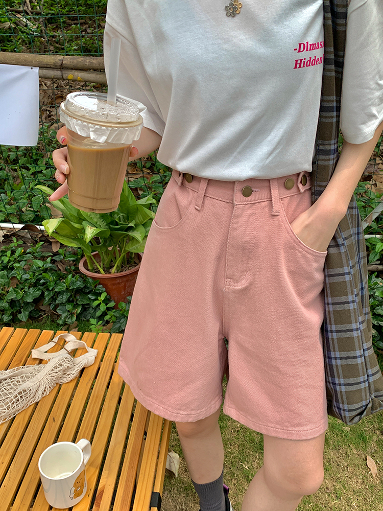 Non real shooting of summer pink denim cropped pants women's high waist thin niche straight shorts fashion