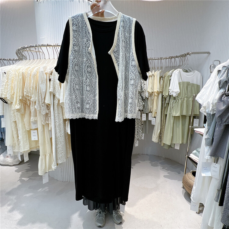 [her tell] solid color versatile dress + sleeveless breasted cardigan set 2523\xyj