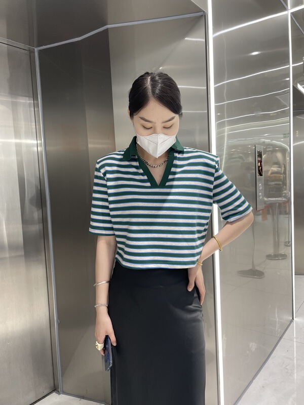 [LAN] stripe Pullover versatile short sleeve T-shirt 9019\xyj