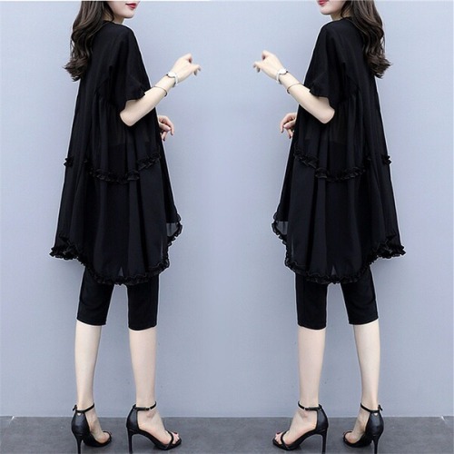 Large women's dress  summer dress new foreign style chiffon suit fat sister covers her belly, reduces her age, fashionable and slim two-piece suit