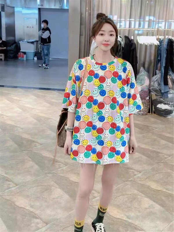 [Jin Han] round neck loose smiling face printed short sleeve T-shirt ys1-8387\ozq
