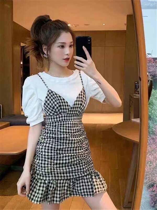 [little vegetable seedlings] elegant Plaid short skirt fake two piece dress 8676\\wpl