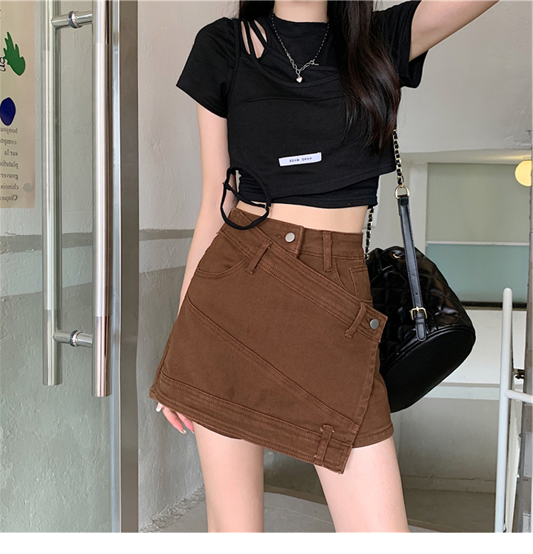 Non real shot Brown Denim half length pants Female Minority High Waist thin tooling style A-line shorts