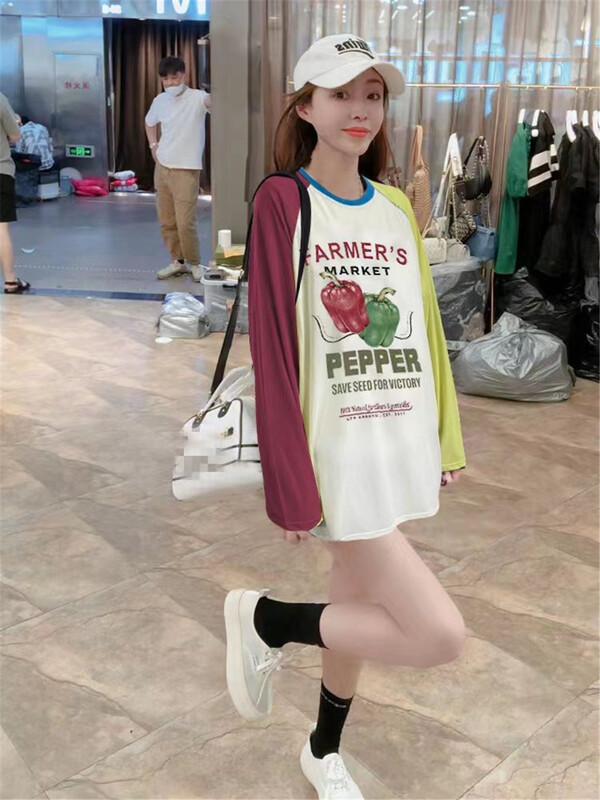 [Jin Han] round neck loose print raglan sleeve long sleeve T-shirt ys1-9145\ozq
