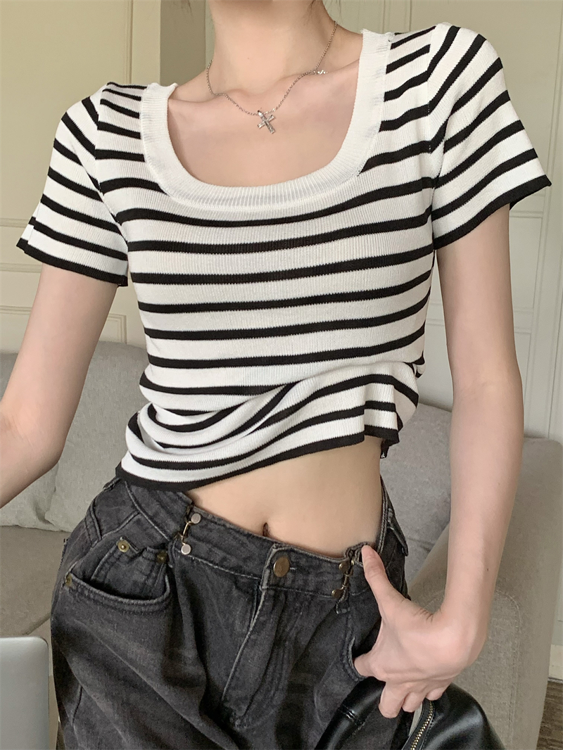 Real shooting and real price new summer versatile striped square neck slim knit short sleeve women's top