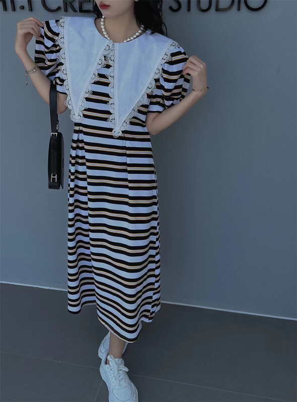 [e.su] doll neck stripe medium length dress 3861\ozq
