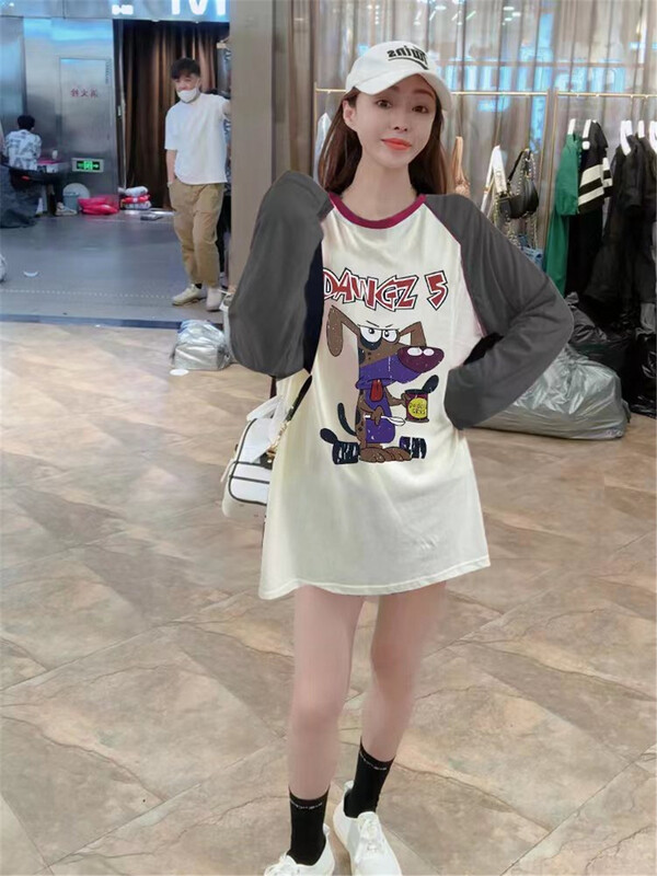 [Jin Han] round neck print color blocking long sleeve T-shirt 9143\ozq