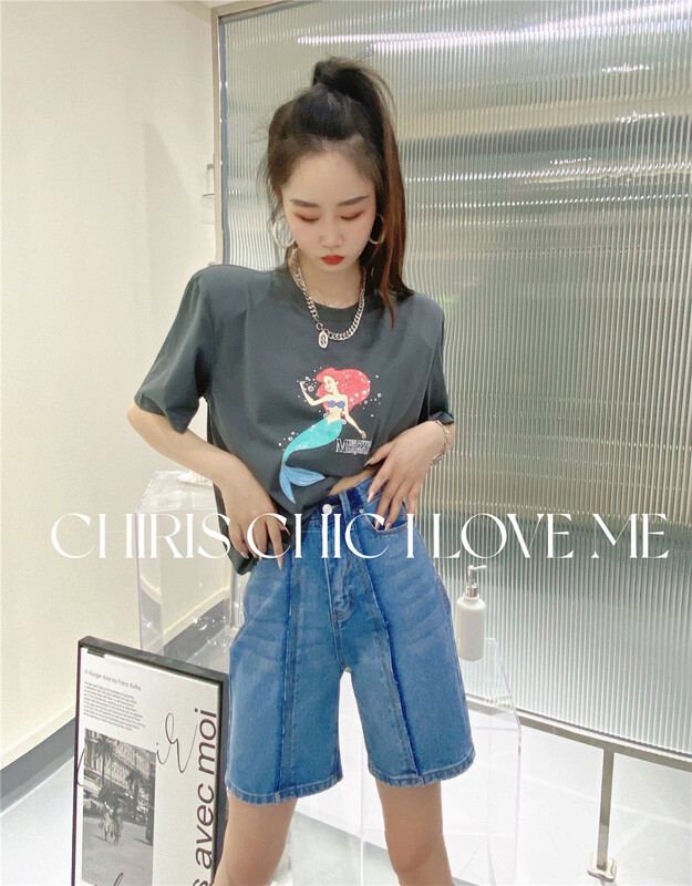 【 Chris chic 】 round neck versatile Pullover Mermaid print short sleeve T-shirt 3323\ozq