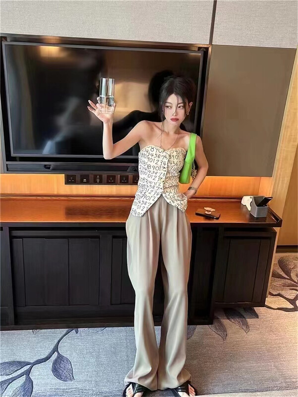 [small vegetables] digital printed off shoulder button blouse + loose casual pants set 8681\wpl