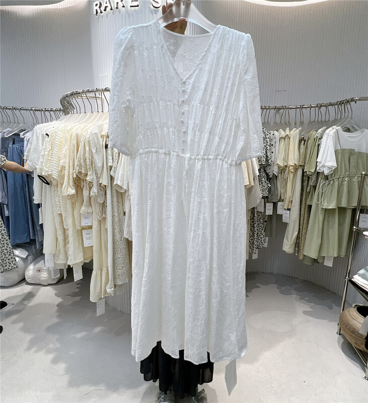 [her tell] V-neck pleated short sleeve dress 5059\xyj
