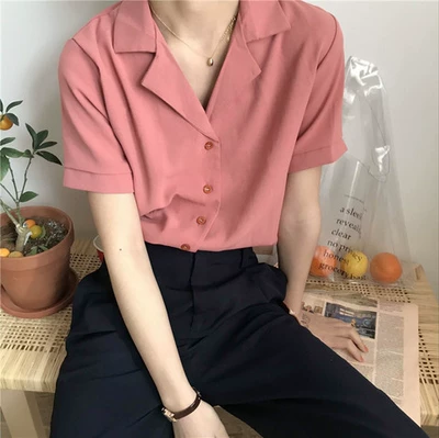 Summer new Korean fan retro gentle style pure color versatile Chiffon Top chic Korean Short Sleeve Shirt female student