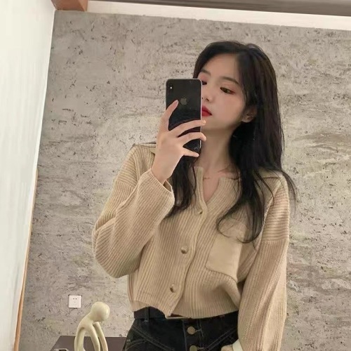 Hong Kong style coffee color BM soft waxy knitted sweater, cardigan coat, new women's jacket in spring