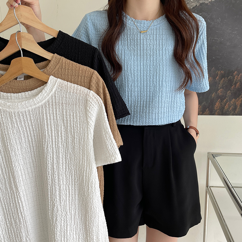 Real time jacquard fabric French retro solid color pleated jacquard short sleeve T-shirt women's top