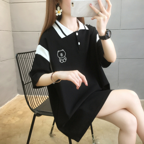 Real shooting of summer clothes Korean version loose 6535 cotton polo collar embroidery medium and long size women's short sleeve T-shirt women