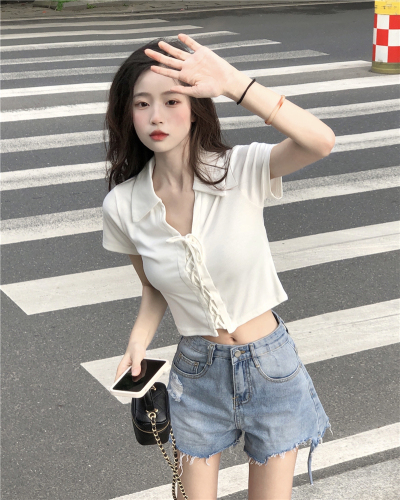 Real shooting of sweet, spicy and pure cotton short top design sense drawstring niche thin polo collar short sleeve T-shirt