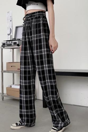  actual shooting of new summer black and white plaid pants children's loose straight tube hanging high waist casual floor dragging wide leg pants